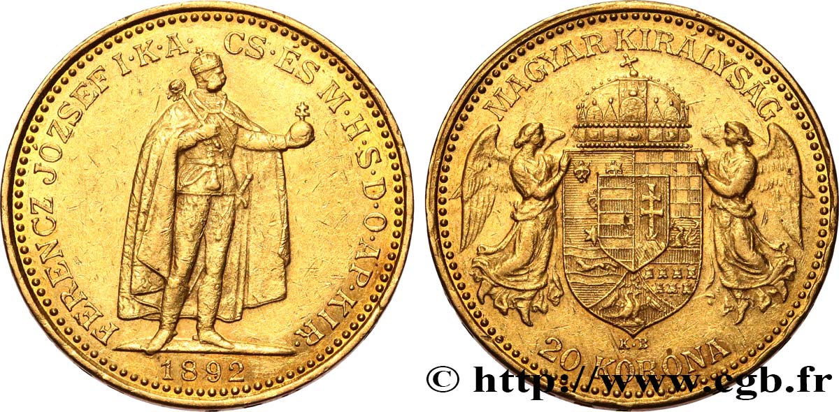 HUNGARY 20 Korona or François-Joseph Ier 1892 Kremnitz AU 