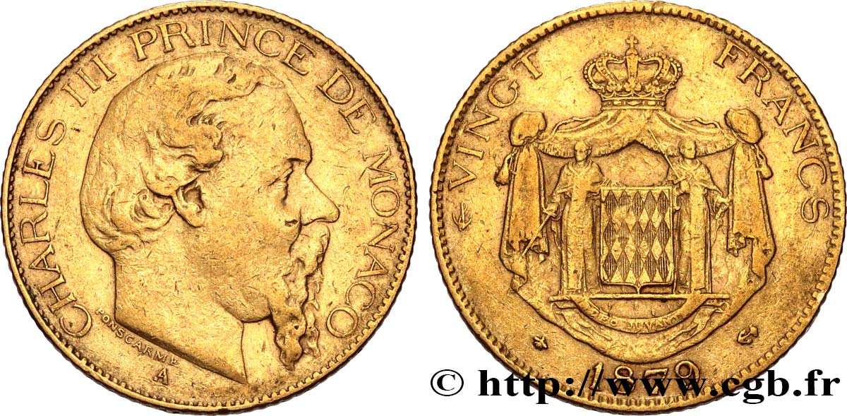 MONACO 20 Francs or Charles III 1879 Paris BC+/MBC 