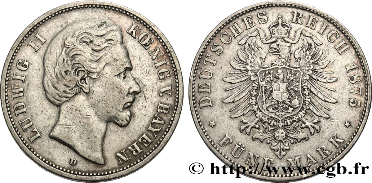 GERMANY - BAVARIA 5 Mark Louis II 1875 Munich XF 