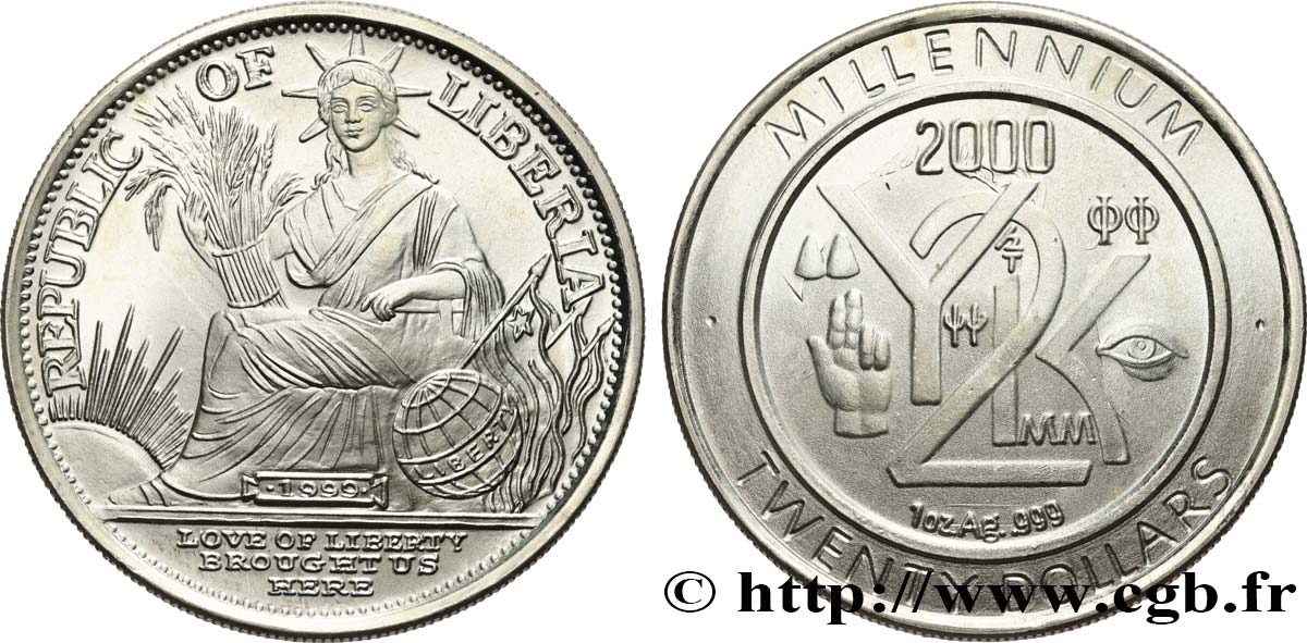 LIBERIA 20 Dollars Proof Millenium 1999  MS 
