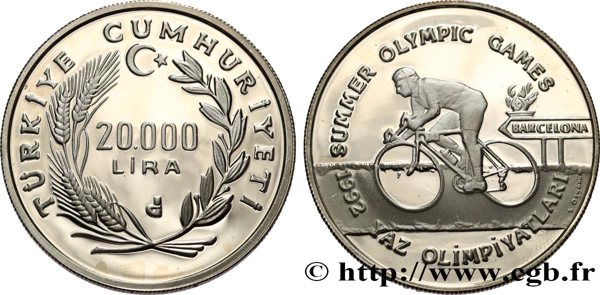TURKEY 20.000 Lira Proof Jeux Olympiques de Barcelone 1992 - cyclisme N.D. (1990)  MS 
