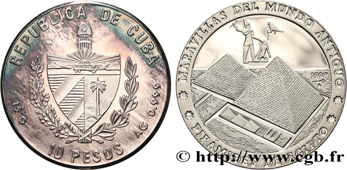 KUBA 10 Pesos Proof Merveilles du monde Antique - Pyramides d’Egypte 1997 La Havane fST 