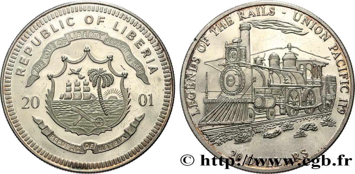 LIBERIA 20 Dollars Proof Union pacific 119 2001  MS 