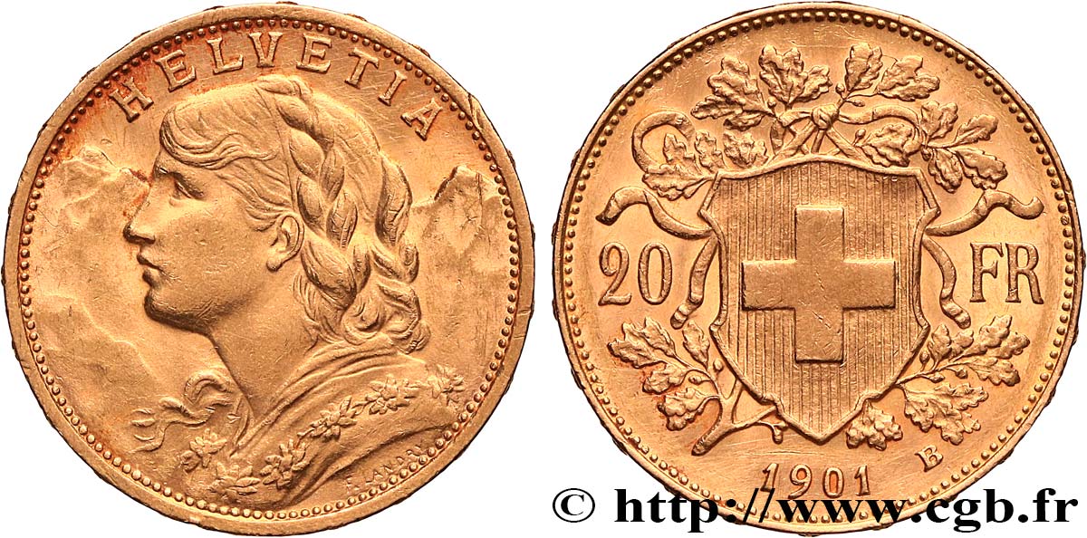GOLD, PALLADIUM & PLATINUM INVESTMENT 20 Francs  Vreneli  1901 Berne AU 