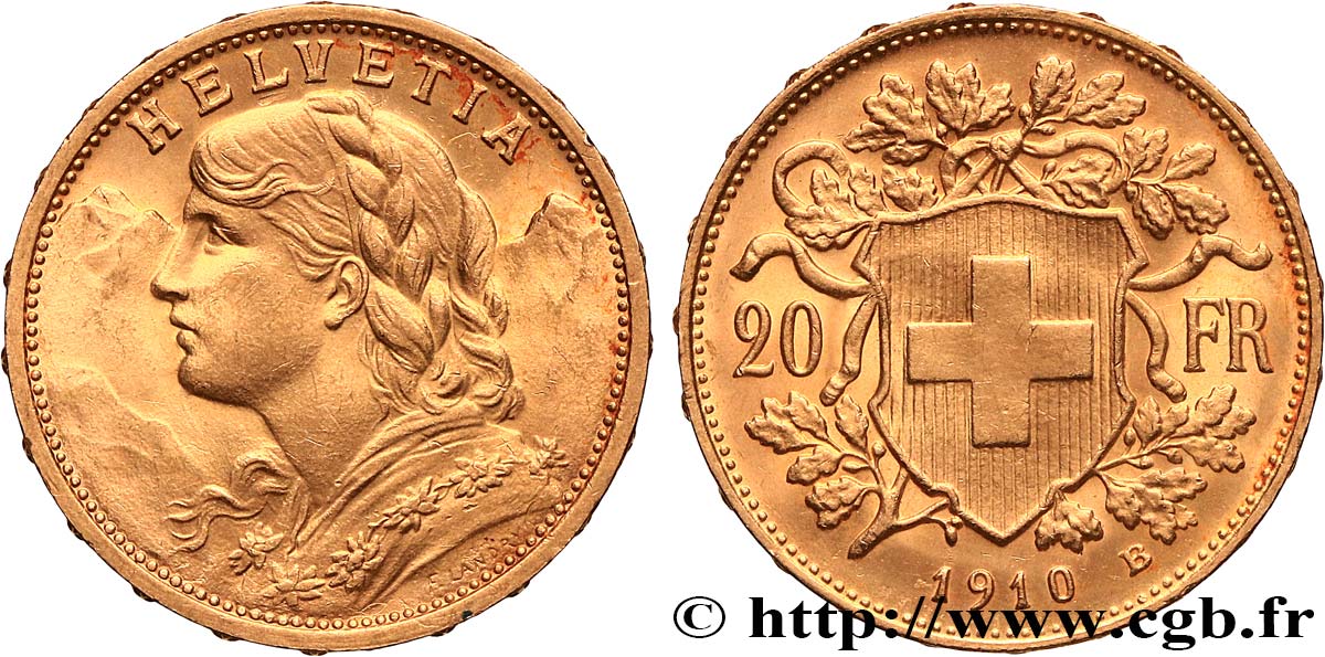 GOLD, PALLADIUM & PLATINUM INVESTMENT 20 Francs or  Vreneli   1910 Berne AU 
