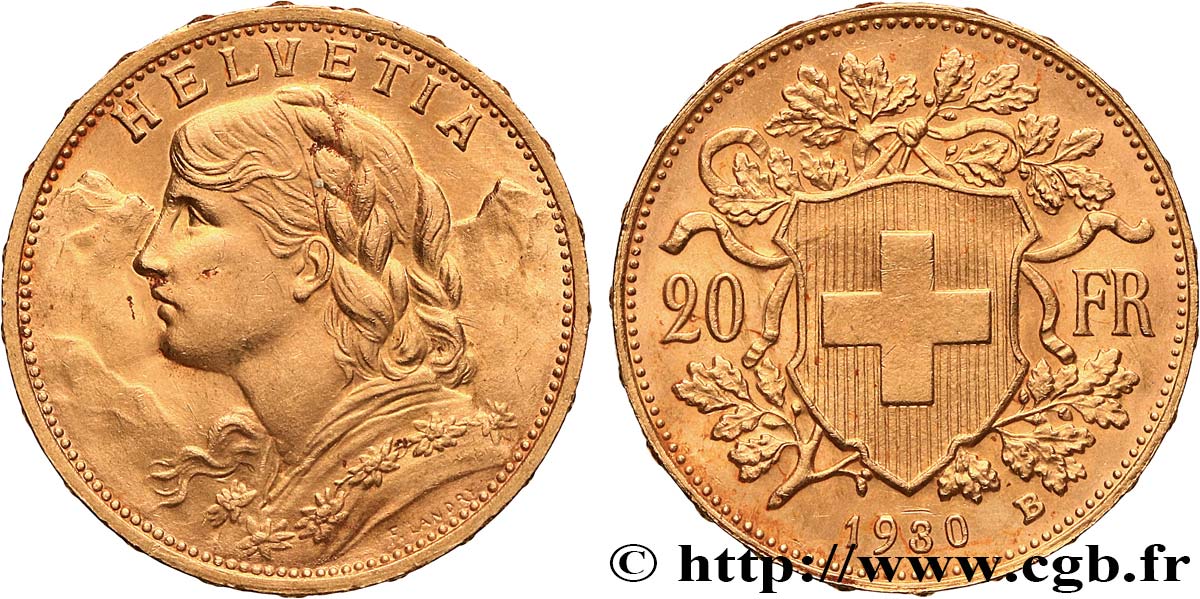 GOLD, PALLADIUM & PLATINUM INVESTMENT 20 Francs  Vreneli  1930 Berne AU 
