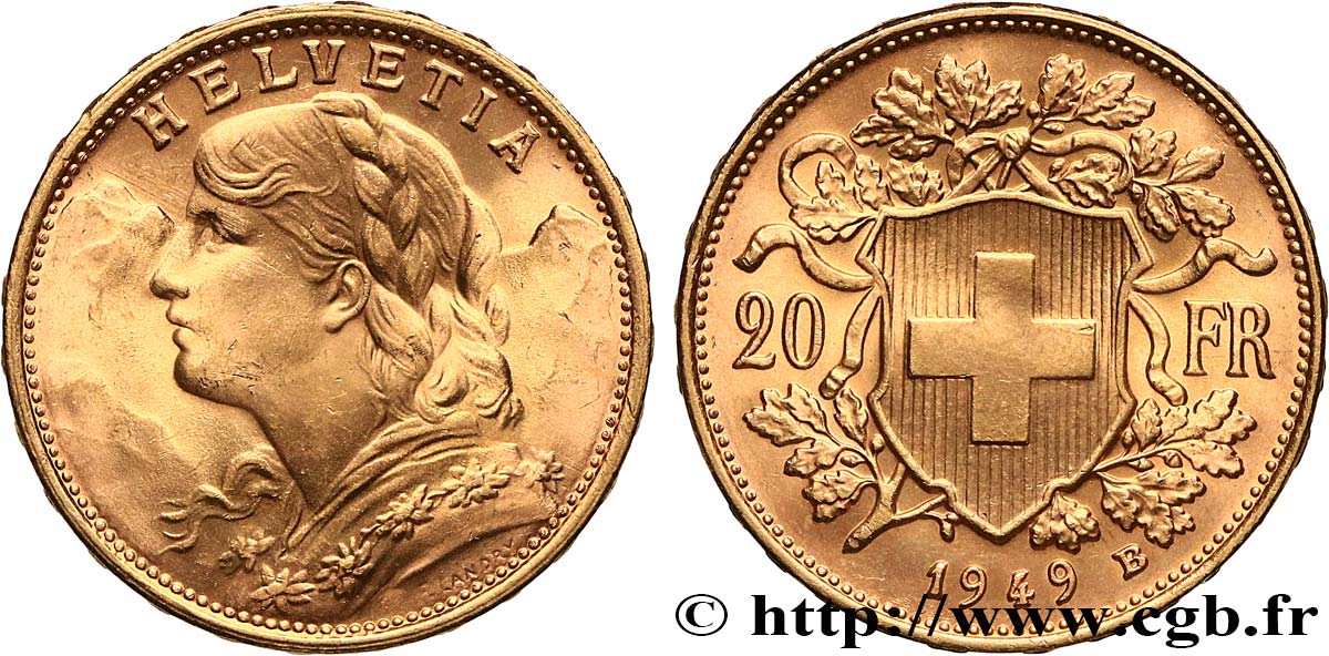 GOLD, PALLADIUM & PLATINUM INVESTMENT 20 Francs or  Vreneli  1949 Berne AU 