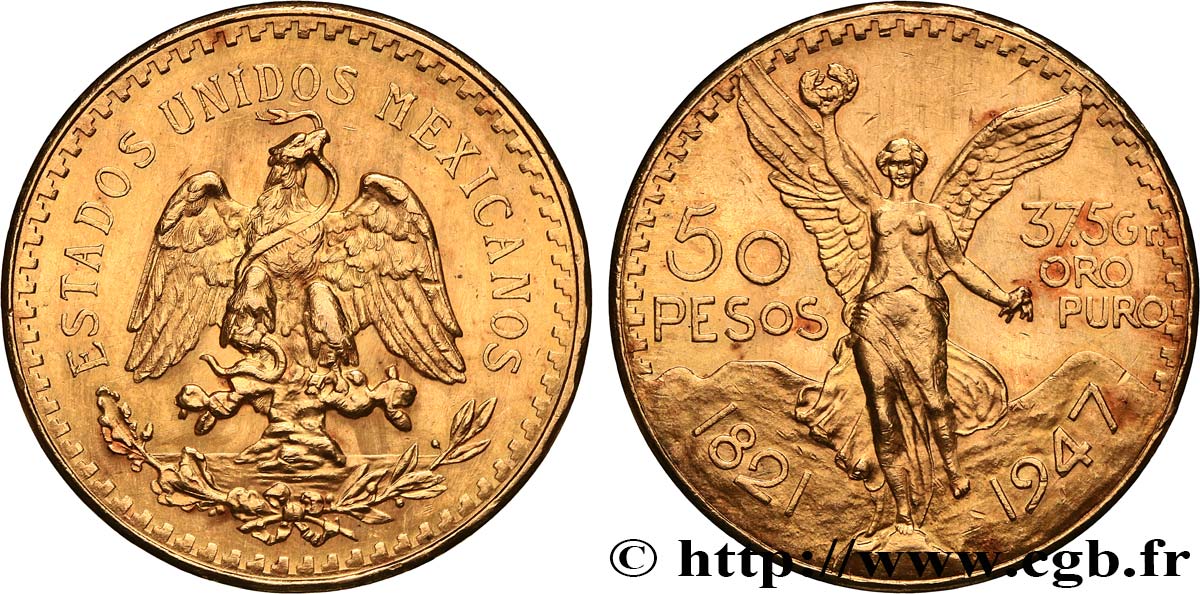 GOLD, PALLADIUM & PLATINUM INVESTMENT 50 Pesos or 1947 Mexico MS 