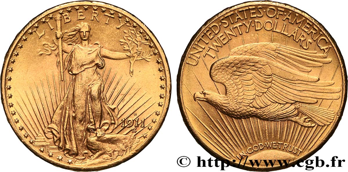 GOLD, PALLADIUM & PLATINUM INVESTMENT 20 Dollars  Saint-Gaudens” 1911 Denver AU/AU 