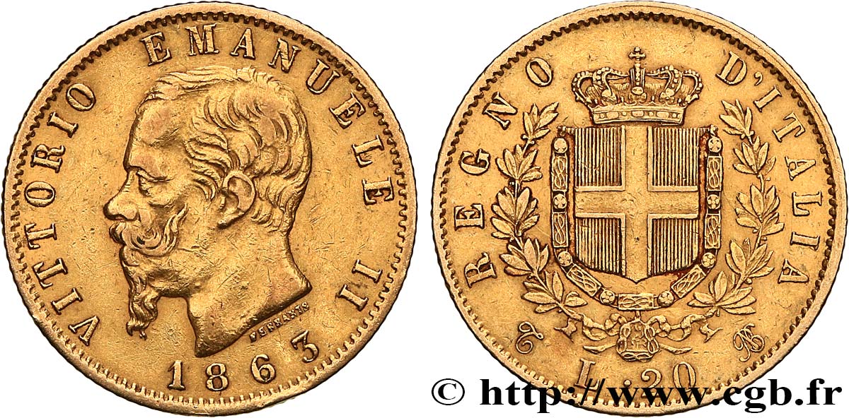 GOLD, PALLADIUM & PLATINUM INVESTMENT 20 Lire Victor Emmanuel II 1863 Turin XF 