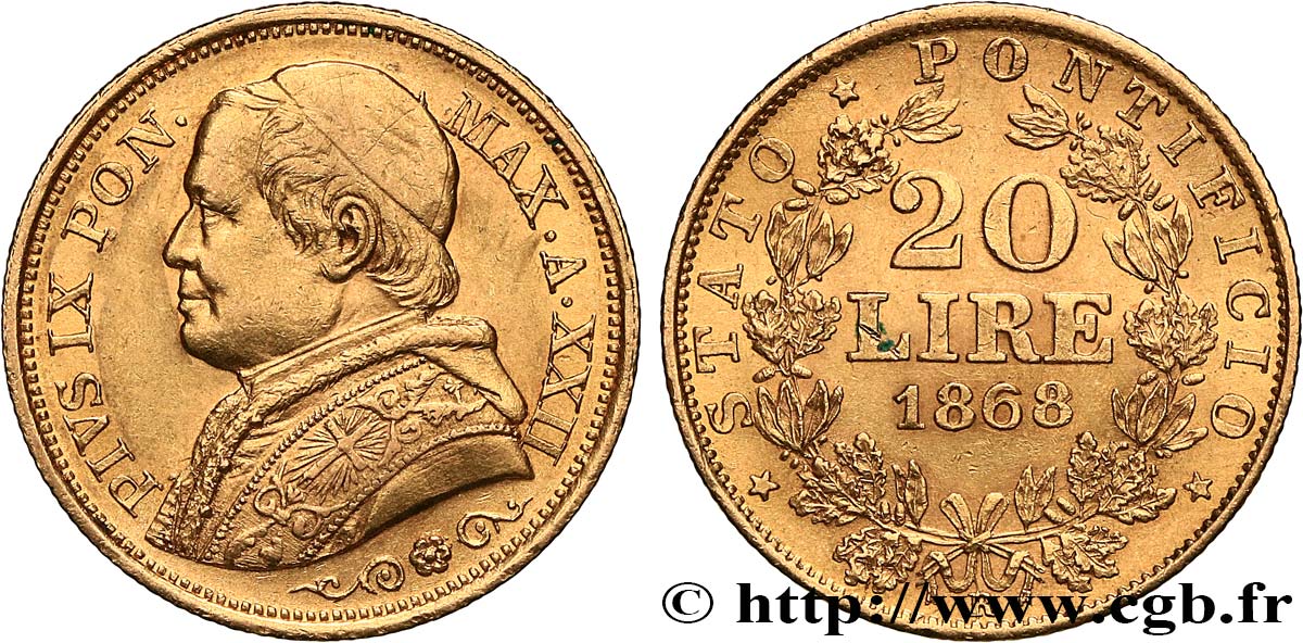 GOLD, PALLADIUM & PLATINUM INVESTMENT 20 Lire Pie IX an XXII 1868 Rome AU/AU 