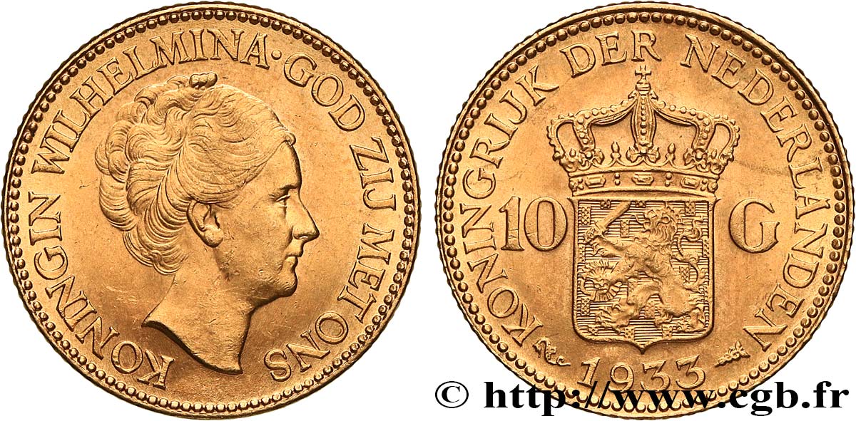 GOLD, PALLADIUM & PLATINUM INVESTMENT 10 Gulden 4e type Wilhelmina 1933 Utrecht MS 