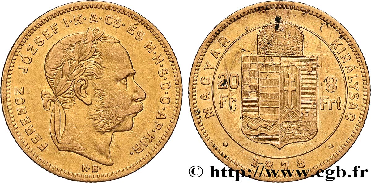 GOLD, PALLADIUM & PLATINUM INVESTMENT 8 Florins ou 20 Francs or François-Joseph Ier 1878 Vienne VF 