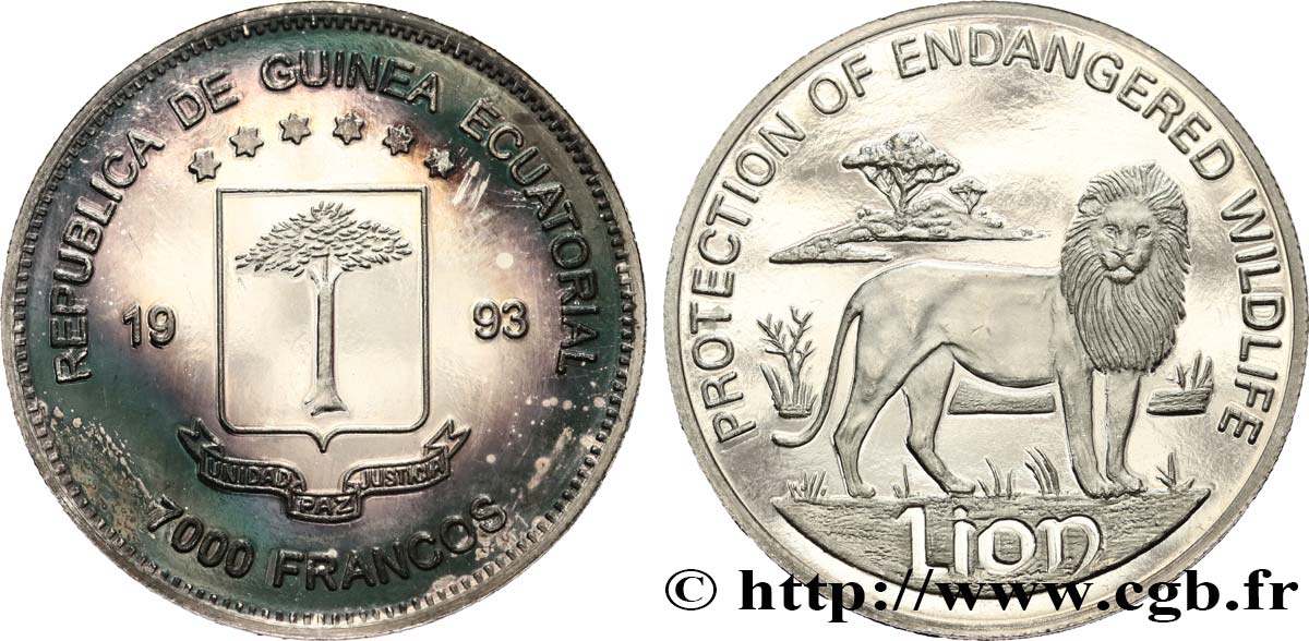 GUINEA ECUATORIAL 7000 Francos Proof Lion 1993  SC 