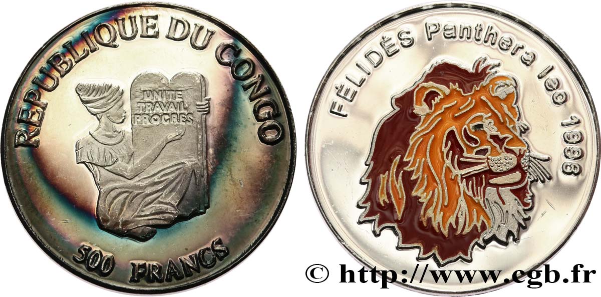 CONGO REPUBLIC 500 Francs Proof Lion 1996  MS 