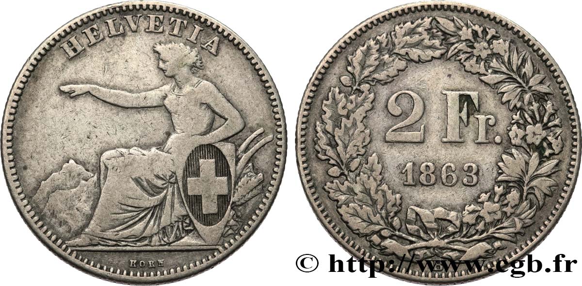 SWITZERLAND 2 Francs Helvetia 1863 Berne fwo_641004 World coins