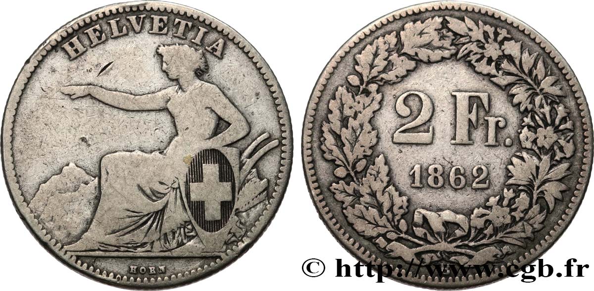 SWITZERLAND 2 Francs Helvetia 1862 Berne VF 