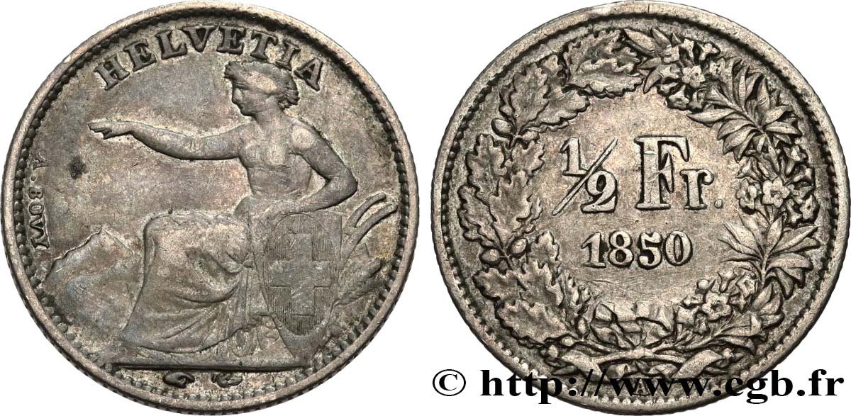 SWITZERLAND 1/2 Franc Helvetia 1850 Paris VF/XF 