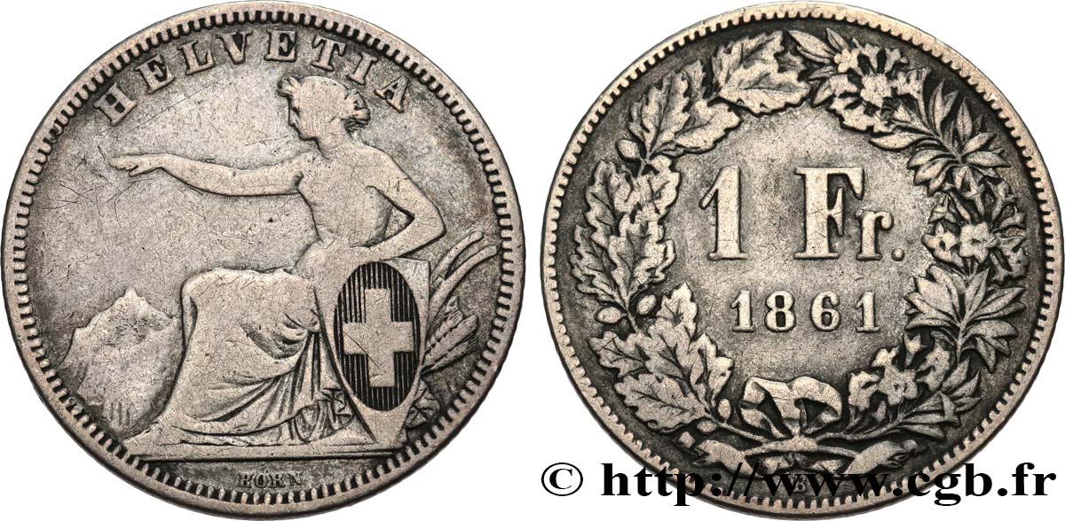 SUISSE 1 Franc Helvetia assise 1861 Berne TB/TB+ 