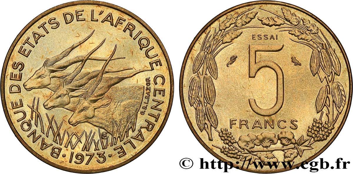CENTRAL AFRICAN STATES Essai de 5 Francs antilopes 1973 Paris MS 