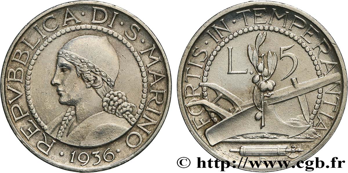 SAN MARINO 5 Lire portrait de femme 1936 Rome AU 