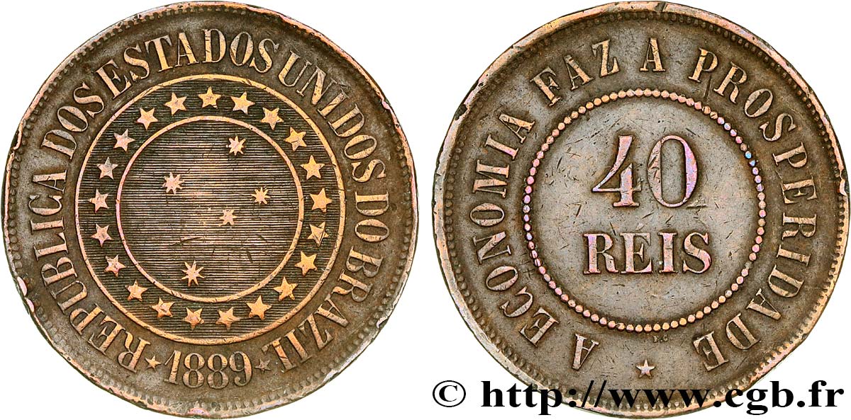 BRAZIL 40 Réis  1889  XF 