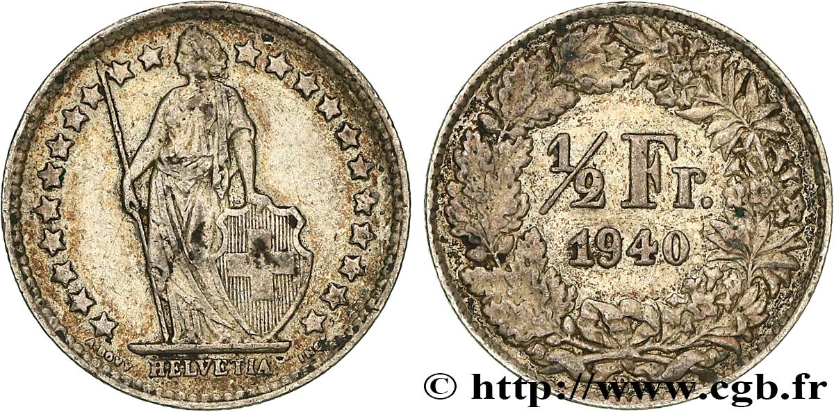 SWITZERLAND 1/2 Franc Helvetia 1940 Berne - B XF 