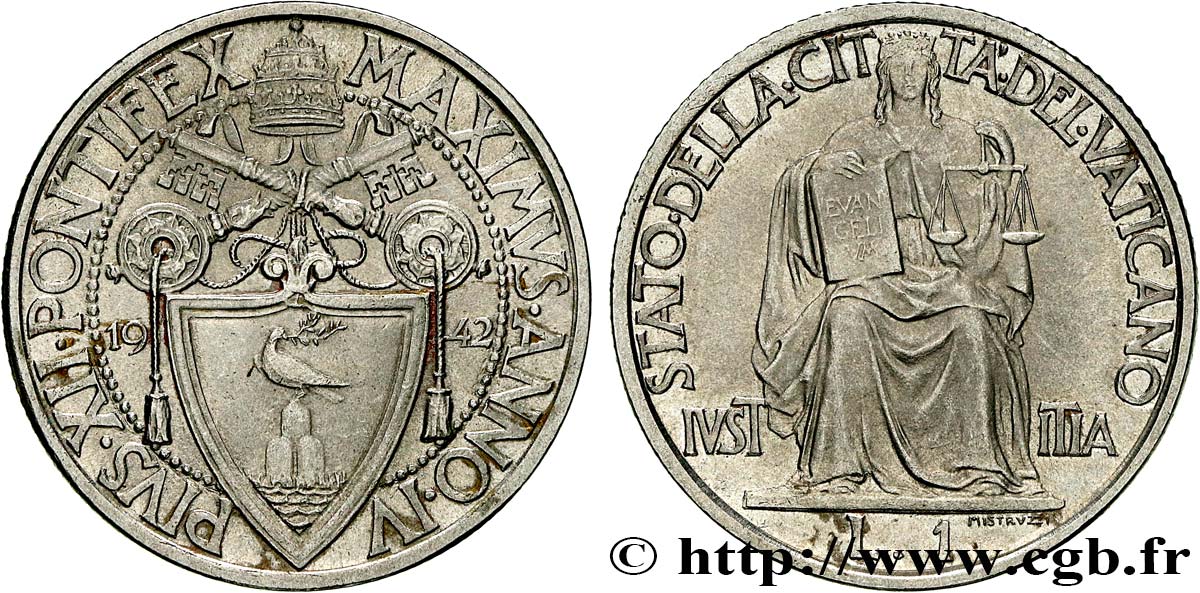 VATICAN ET ÉTATS PONTIFICAUX 1 Lira frappe au nom de Pie XII an IV 1942 Rome SUP 