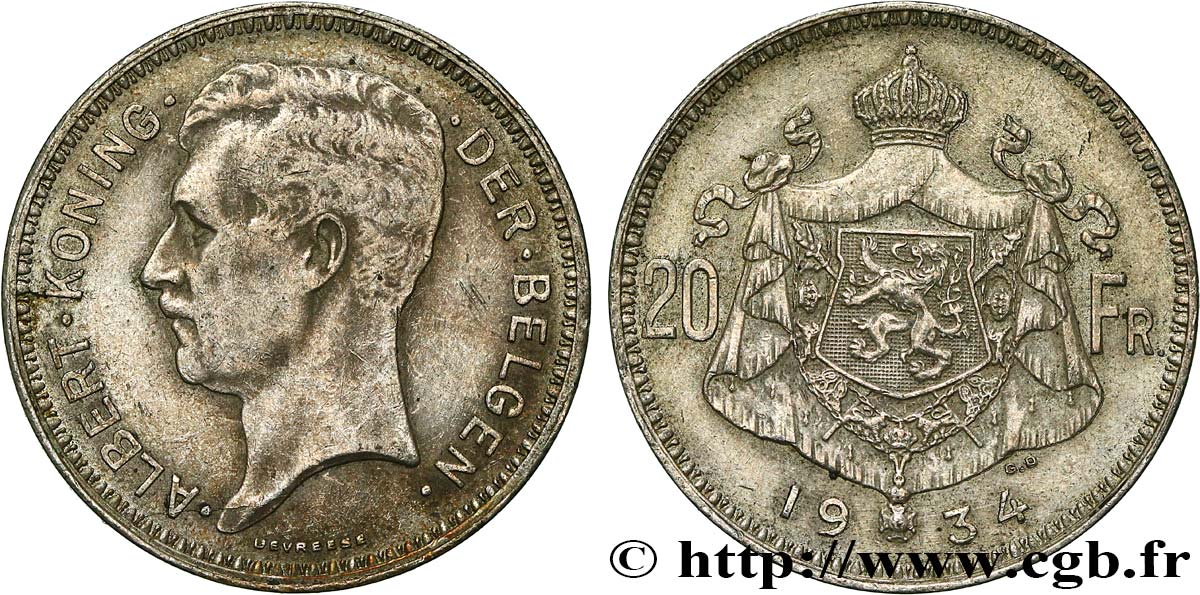 BELGIUM 20 Franken (Francs) Albert Ier légende Flamande 1934  XF 