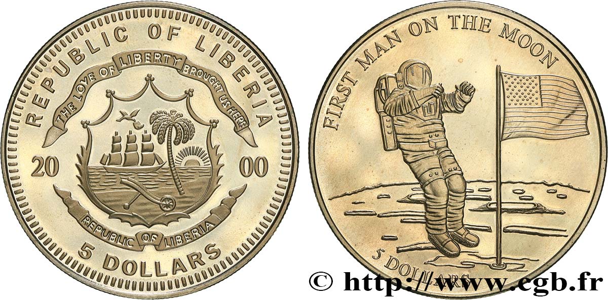 LIBERIA 5 Dollars Proof Premier pas de l’homme sur la Lune 2000  MS 
