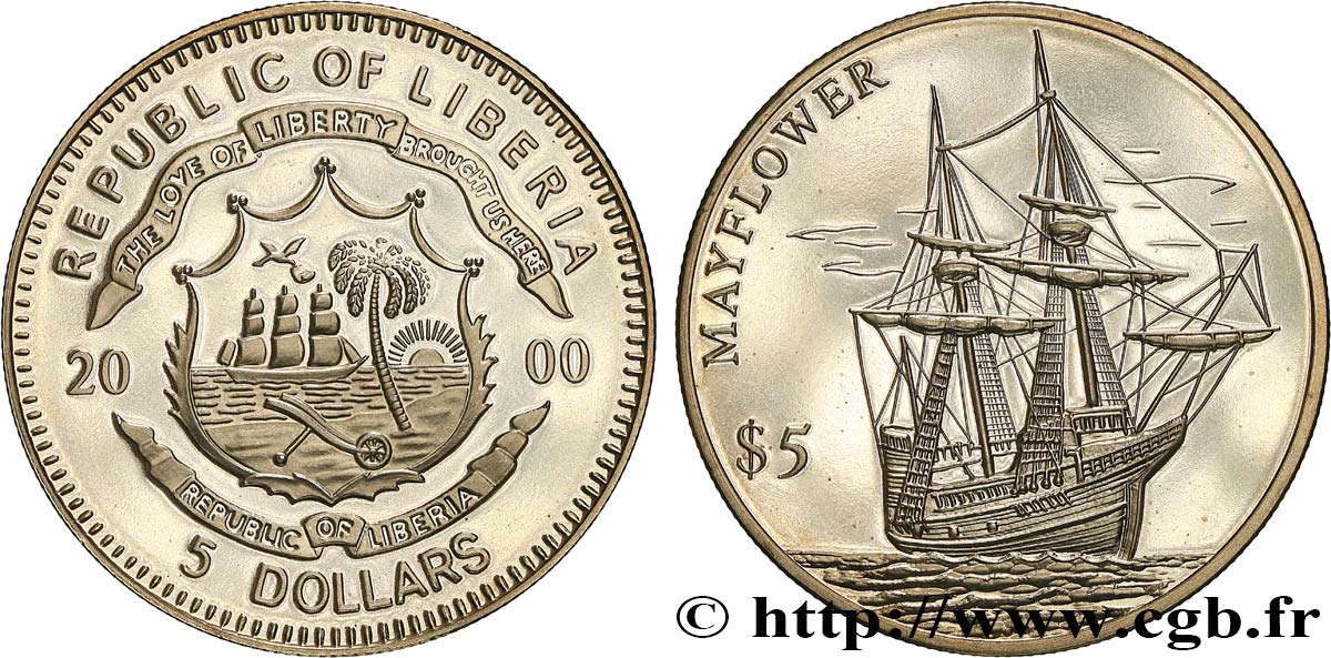 LIBERIA 5 Dollars Proof Mayflower 2000  FDC 