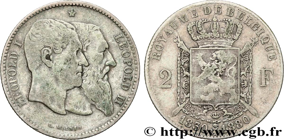 BELGIQUE 2 Francs 50e anniversaire de l’indépendance 1880  TB+ 