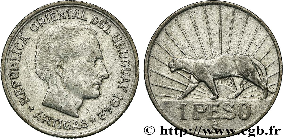 URUGUAY 1 Peso José Gervasio Artigas 1942 Santiago TTB 