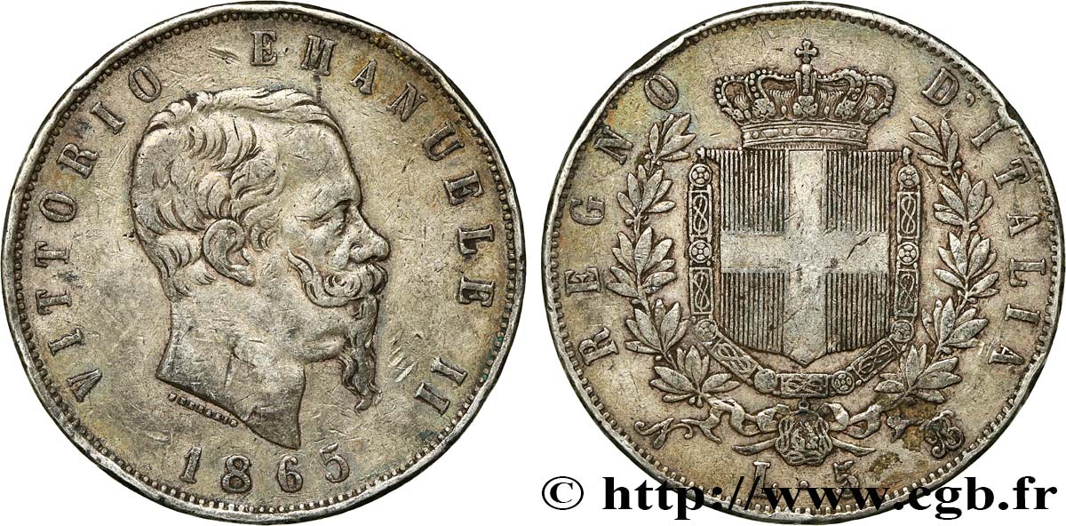 ITALY 5 Lire Victor Emmanuel II 1865 Naples VF 