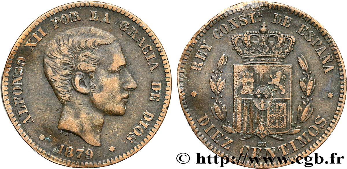 ESPAGNE 10 Centimos Alphonse XII 1879 Oeschger Mesdach & CO TB+ 