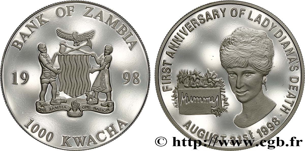 ZAMBIE 1000 Kwacha Proof 1er anniversaire de la mort de Lady Diana 1998  FDC 