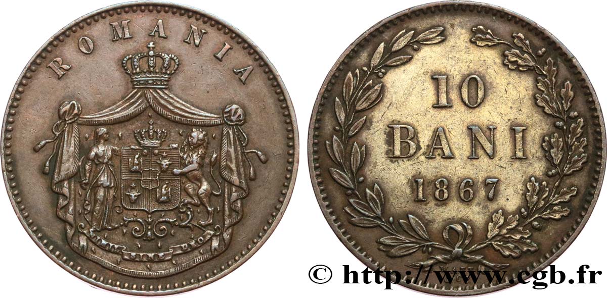 RUMANIA 10 Bani armes 1867 Watt & Co MBC+ 