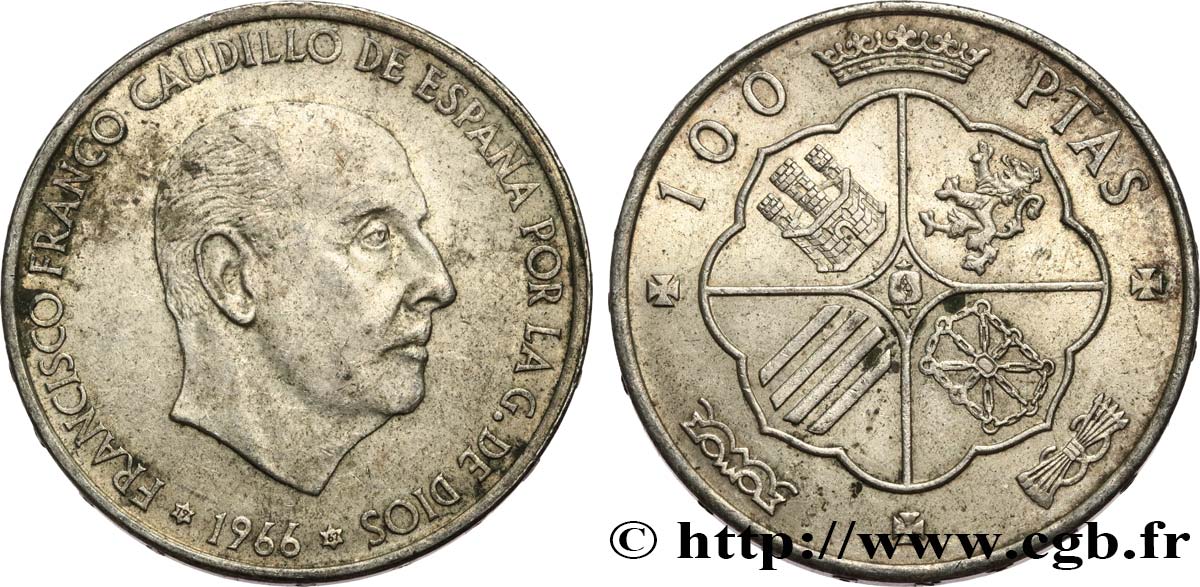 SPANIEN 100 Pesetas Francisco Franco (1967 dans les étoiles) 1966 Madrid fVZ 