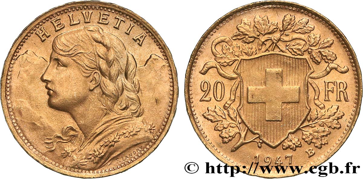 INVESTMENT GOLD 20 Francs or  Vreneli  1947 Berne AU 