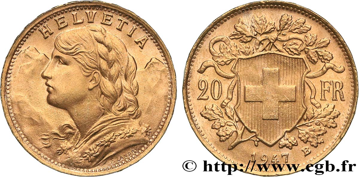 INVESTMENT GOLD 20 Francs or  Vreneli  1947 Berne SPL 