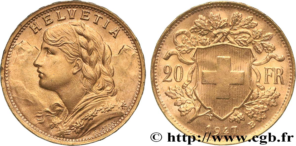 INVESTMENT GOLD 20 Francs or  Vreneli  1947 Berne AU 