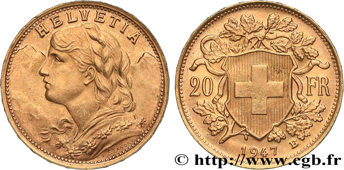 GOLD, PALLADIUM & PLATINUM INVESTMENT 20 Francs or  Vreneli  1947 Berne AU 