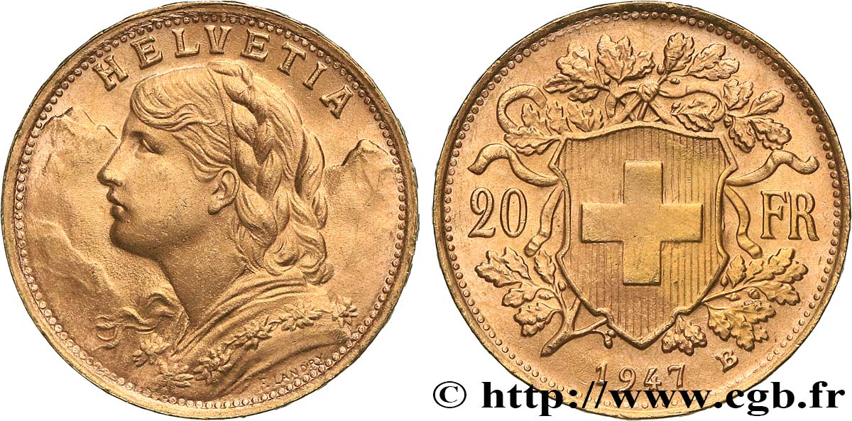 GOLD, PALLADIUM & PLATINUM INVESTMENT 20 Francs or  Vreneli  1947 Berne AU 
