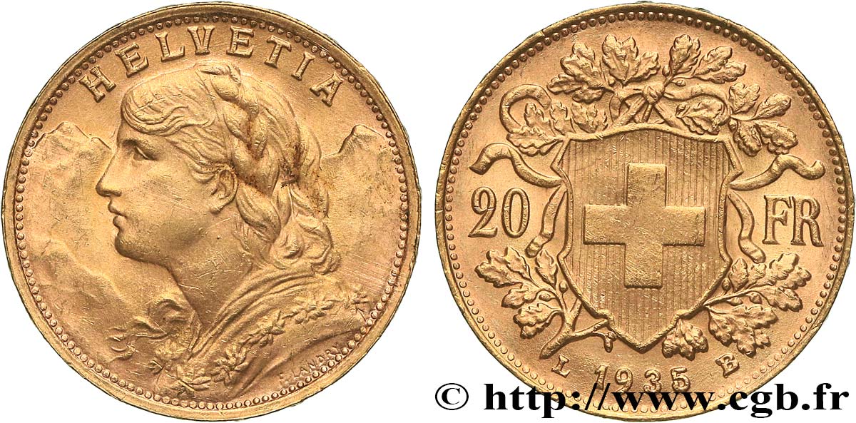 INVESTMENT GOLD 20 Francs or  Vreneli   1935 Berne AU 