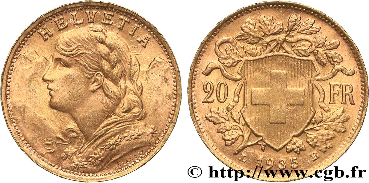 GOLD, PALLADIUM & PLATINUM INVESTMENT 20 Francs or  Vreneli   1935 Berne AU 