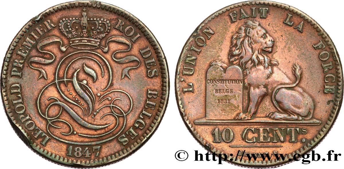 BELGIUM 10 Centimes Léopold Ier 1847/37 1847 Bruxelles XF 