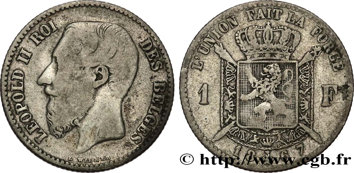 BELGIQUE 1 Franc Léopold II légende française 1867  TB 