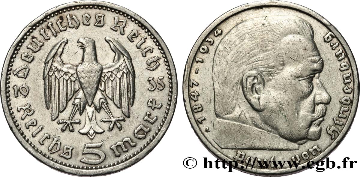 ALLEMAGNE 5 Reichsmark Maréchal Paul von Hindenburg 1935 Berlin TTB 