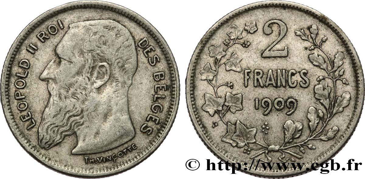 BELGIQUE 2 Francs Léopold II légende française 1909  TTB 