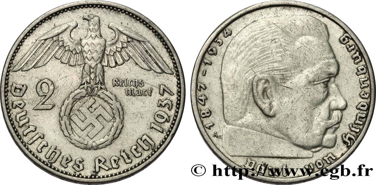 GERMANIA 2 Reichsmark Maréchal Paul von Hindenburg 1937 Berlin BB 